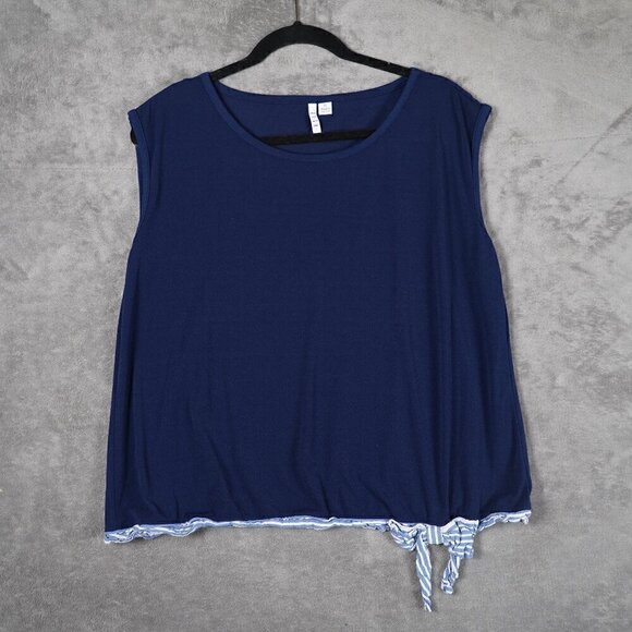 ELLE Sleeveless Blouse Womens XL Boxy Navy Striped Bow Contrast Hem Coastal - Picture 1 of 6